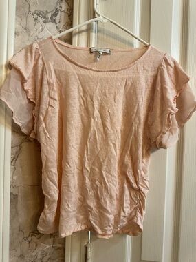Casual Light Pink Ruffle Sleeve Tee by eshakti